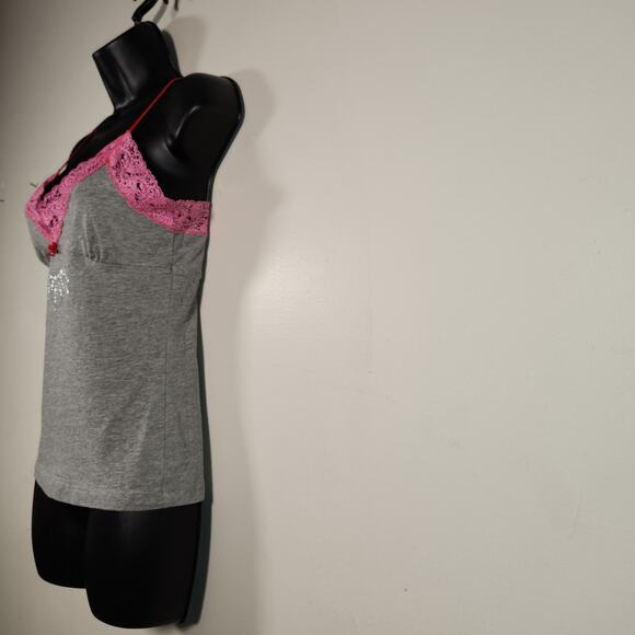 PINK by VICTORIA'S SECRET Camisole Top S Grey Pink Babydoll Lace Bow Bling Star - Picture 7 of 10